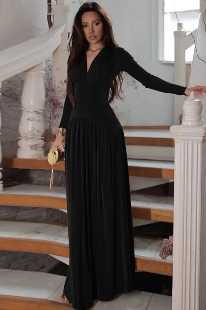 Glorol - Long Sleeve V Neck High Waist Slim Pleated Maxi Dress