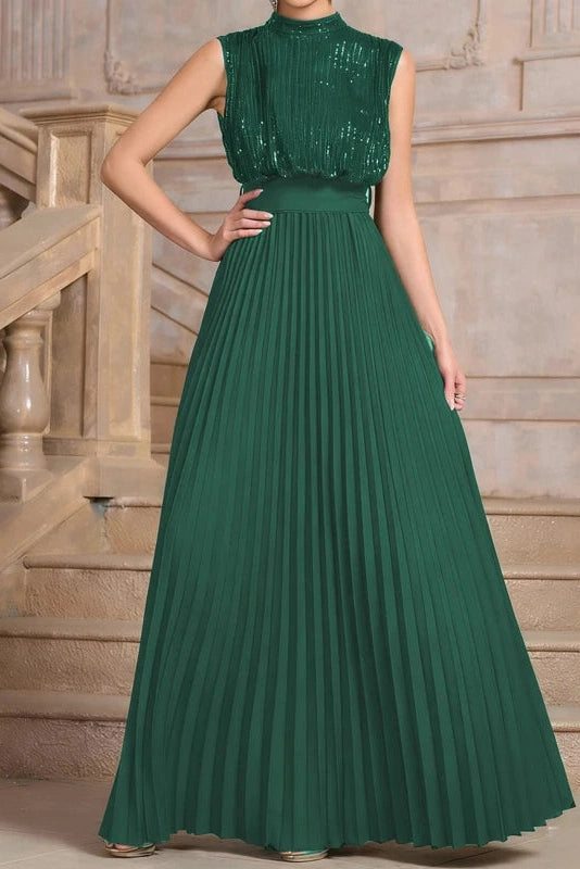 Glorol - Sleeveless Pleated High Waist O-Neck Maxi Dress