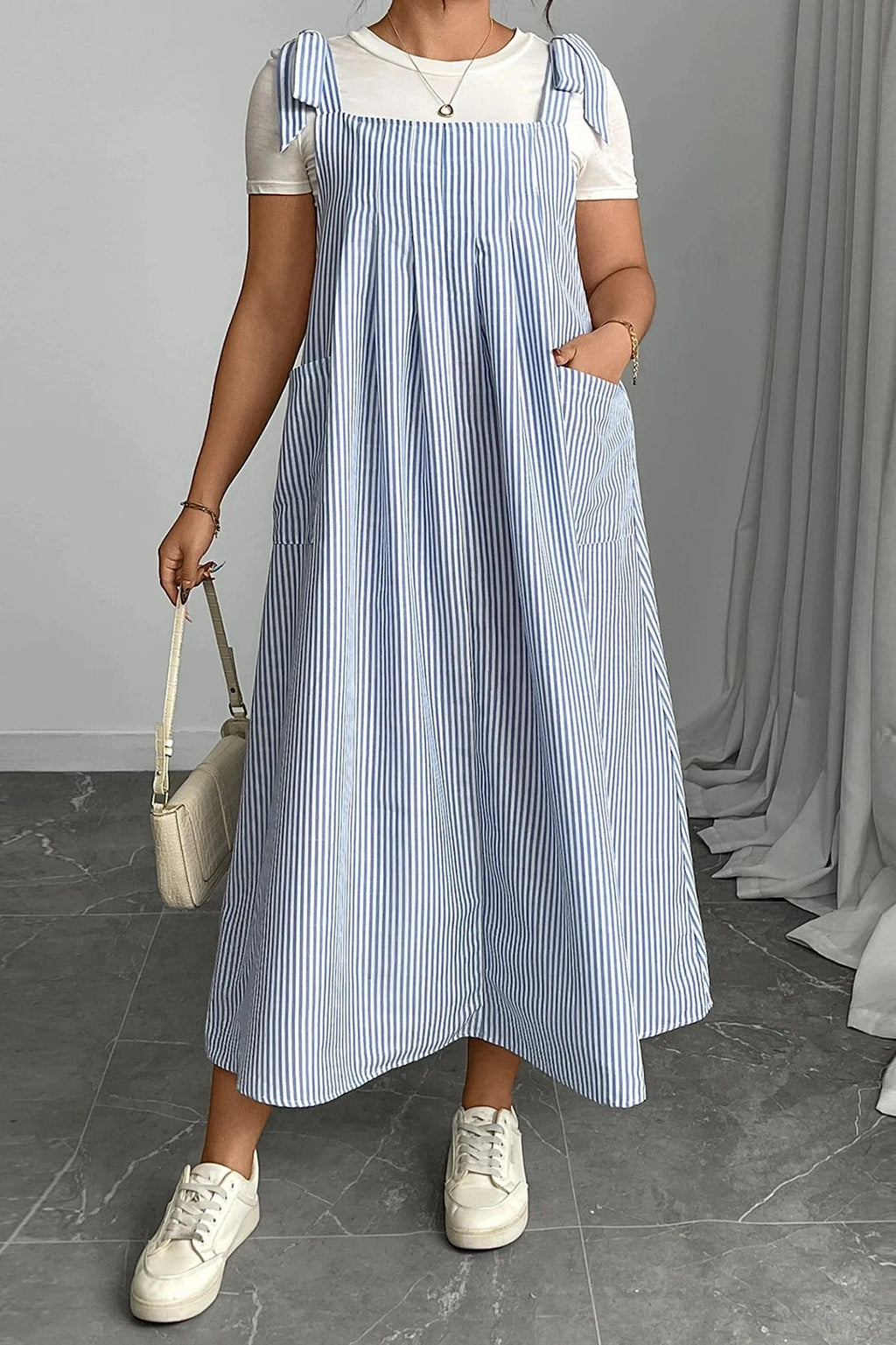 Glorol - Sleeveless Tie Shoulder Striped Loose Maxi Dress