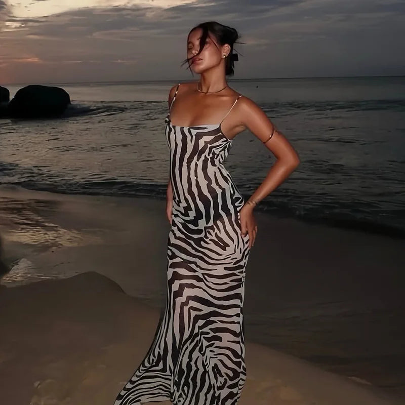 Glorol - Printed  Spaghetti Strap Lace Up Maxi Dress