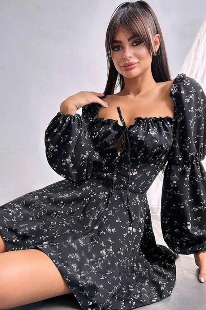 Glorol - Long Puff Sleeve Square Collar Backless Mini Dress