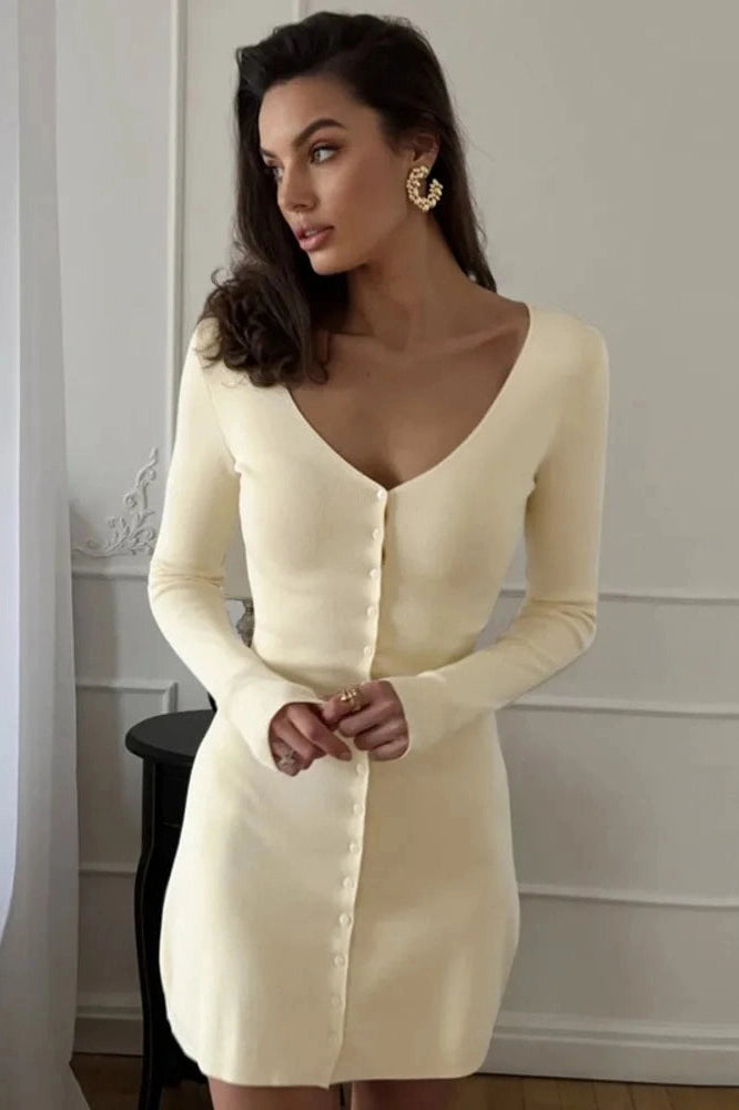 Glorol - V Neck Long Sleeve Single-Breasted High Waist Mini Dress