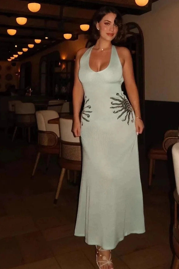 Glorol - Elegant Deep V-Neck Backless Knitted Maxi Dress