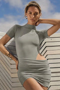 Glorol - Hollow Out Short Sleeve High Collar Mini Dress