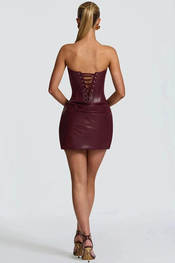 Glorol - PU Leather Off-Shoulder Strapless Sleeveless Lace-up Mini Dress