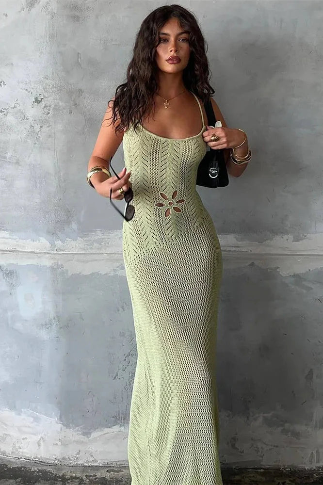 Hollow Out Printed High Waist Backless Maxi Dress