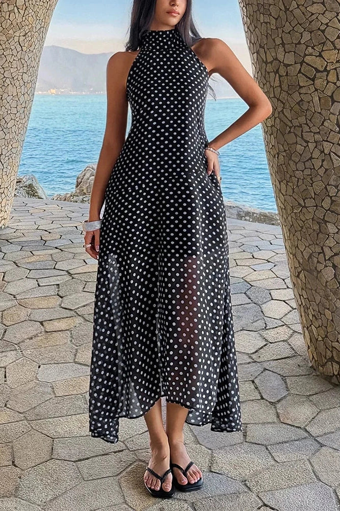 Polka Dot Printed High Waist Pleated Maxi Dress