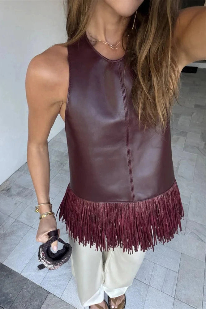 Glorol - PU Leather Backless Patchwork Slim Top
