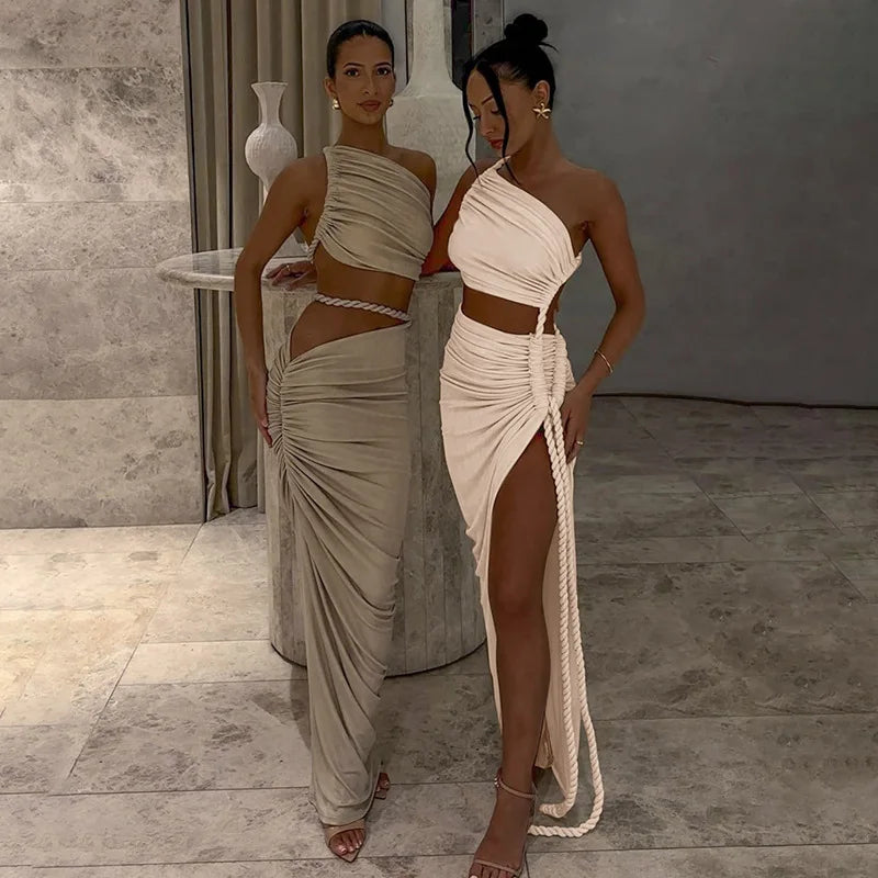 Glorol - One-Shoulder Strap Backless High Split Maxi Dress