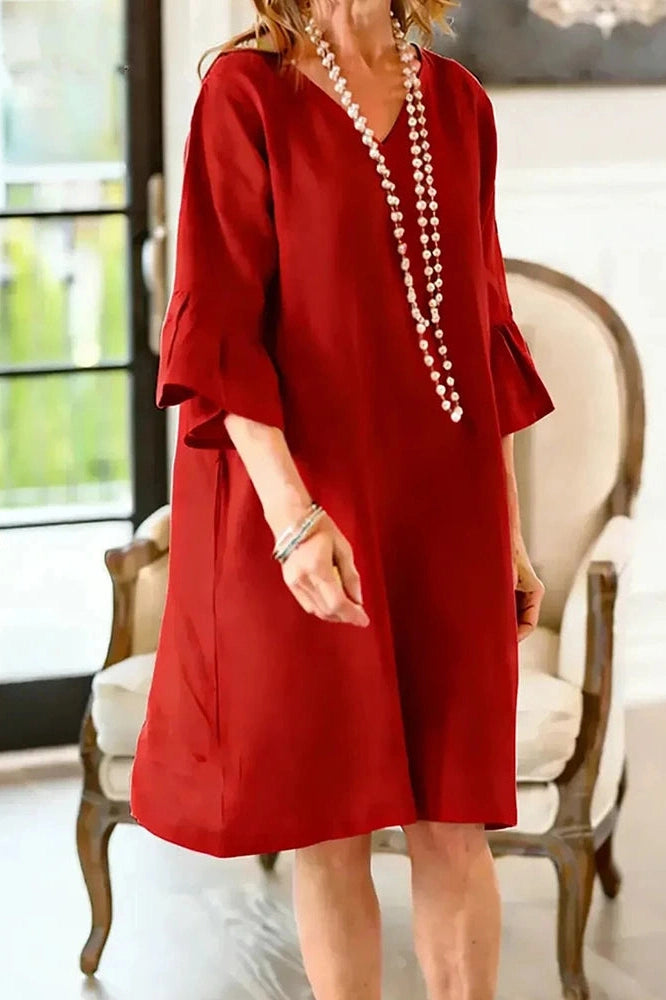 Glorol - Half Sleeve V-Neck Loose Pleated A-Line Mini Dress