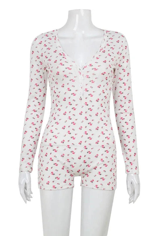 Glorol - Low Cut Hook Flower Long Sleeve Jumpsuit