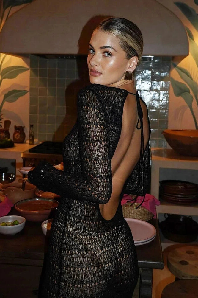 Glorol - Elegant Hollow Out Backless Knit Maxi Dress