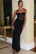 Glorol - Backless Lace See Through Square Collar Sleeveless Bodycon Maxi Dress