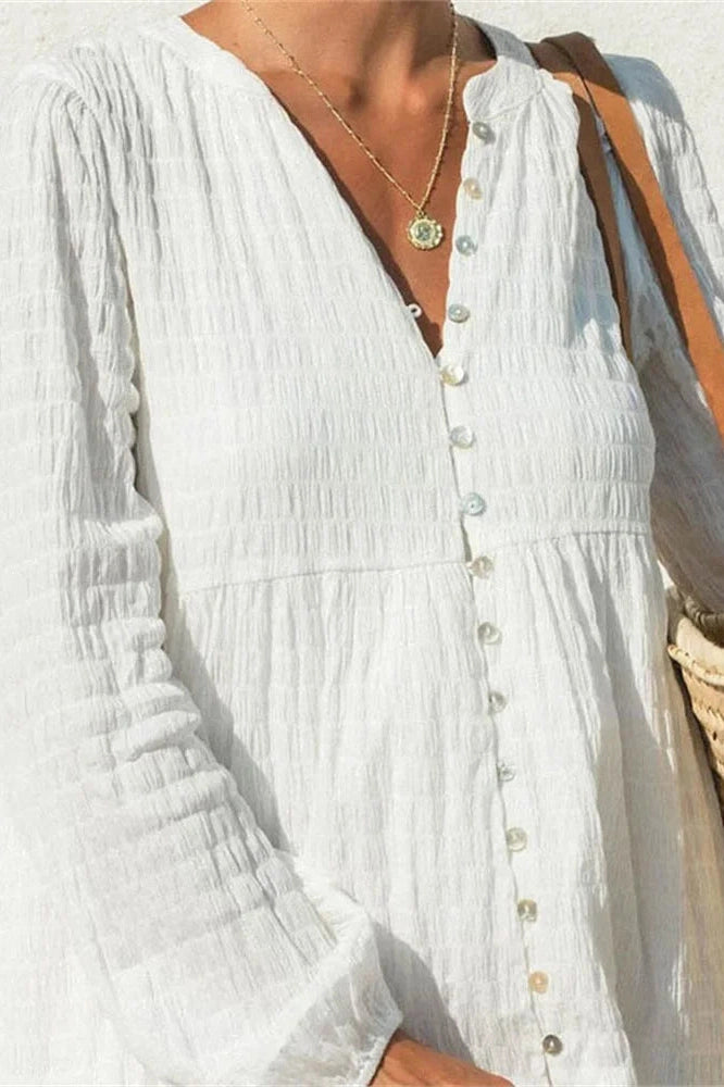 Glorol - Long Sleeve Patchwork Loose V-Neck Maxi Dress