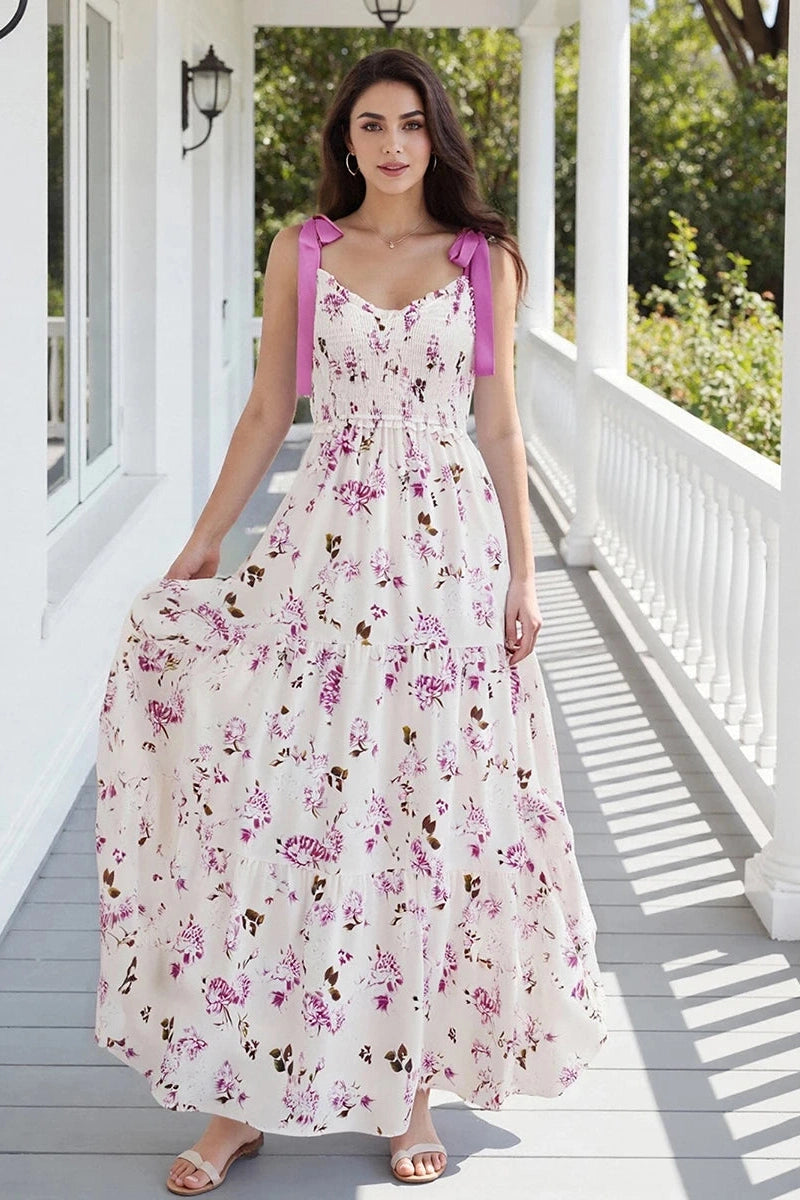 Glorol - Sleeveless Backless Tie-Up Printed Maxi Dress