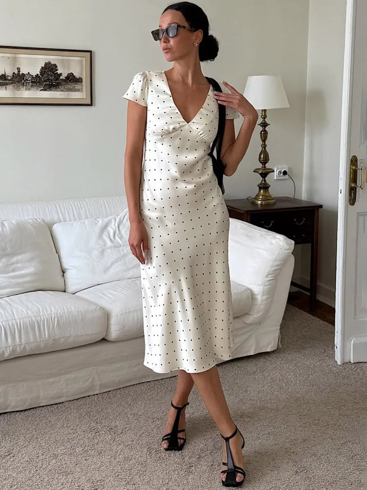 Glorol - Printed Short Sleeve V Neck High Waist Midi Dress