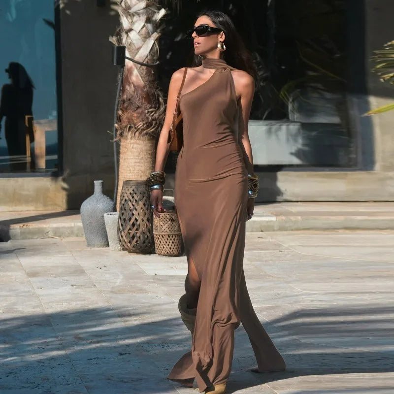 Glorol - Backless Halter Neck Sleeveless Scarf Ribbon Maxi Dress