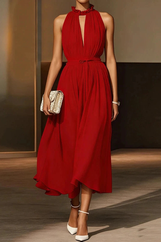 Glorol - Elegant Off-Shoulder Sleeveless High Waist Backless Pleated Midi Dress