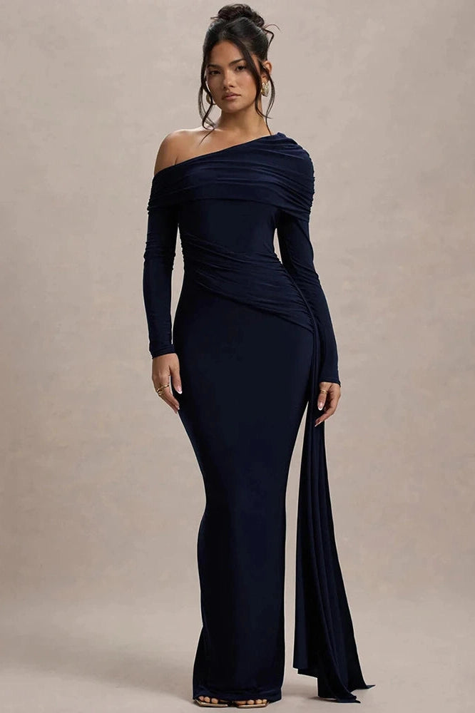 Glorol - Skew Collar Long Sleeve Backless Bodycon Maxi Dress