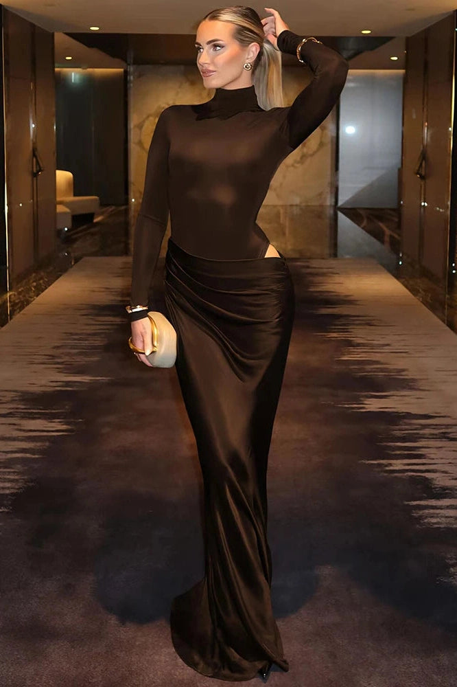 Glorol - Hollow Out Long Sleeve Turtleneck Bodycon Maxi Dress