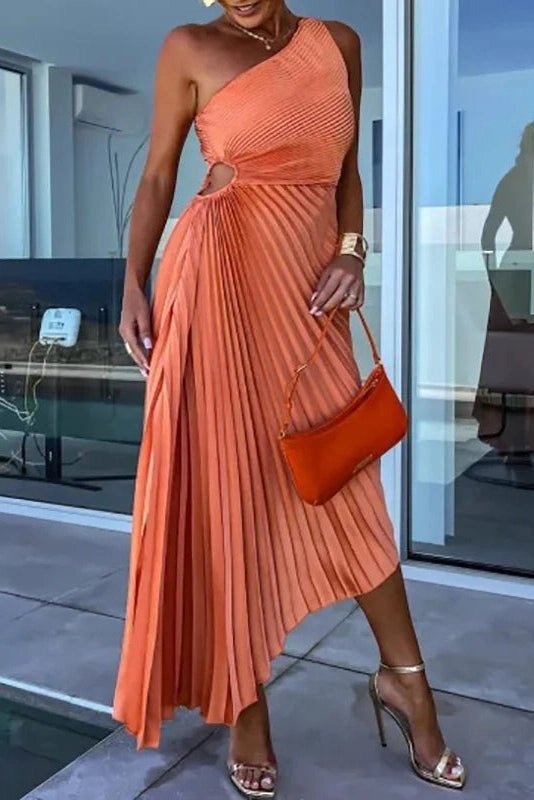 Glorol - Hollow Out One Shoulder Slim Fit Pleated Maxi Dress