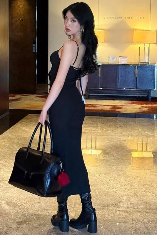 Glorol - Spaghetti Strap Backless Slim Sleeveless High Waist Midi Dress