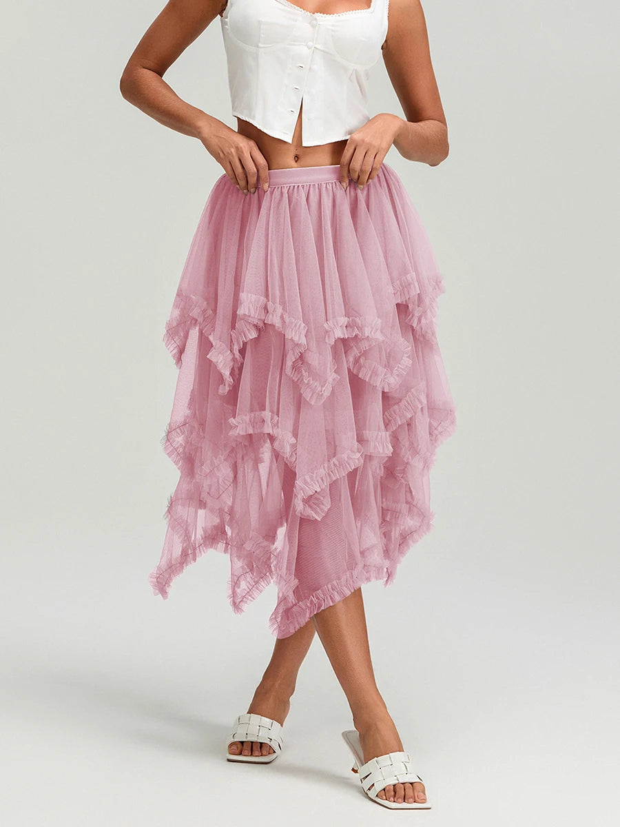 Glorol - High Waist Layered Tulle Frill Trim Skirt