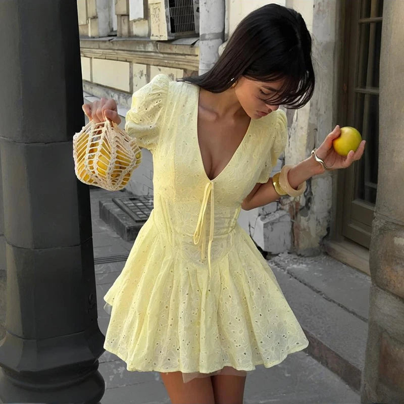 Glorol - Lace Up V Neck Short Sleeve A-Line Mini Dress