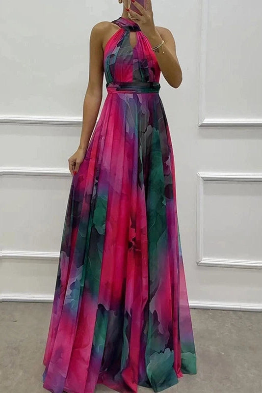 Glorol - Hollow Out Printed Sleeveless High Waist Maxi Dress