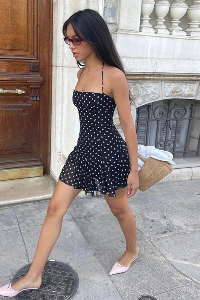 Glorol - Polka Dot High Waist Pleated Sleeveless Printed Slim Mini Dress