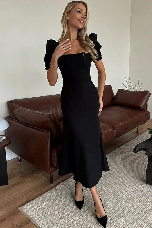 Glorol - Elegant Square-Neck Short-Sleeved Slim Midi Dress