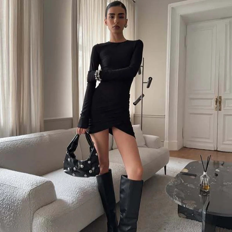 Glorol - O Neck Long Sleeve Bodycon Mini Dress