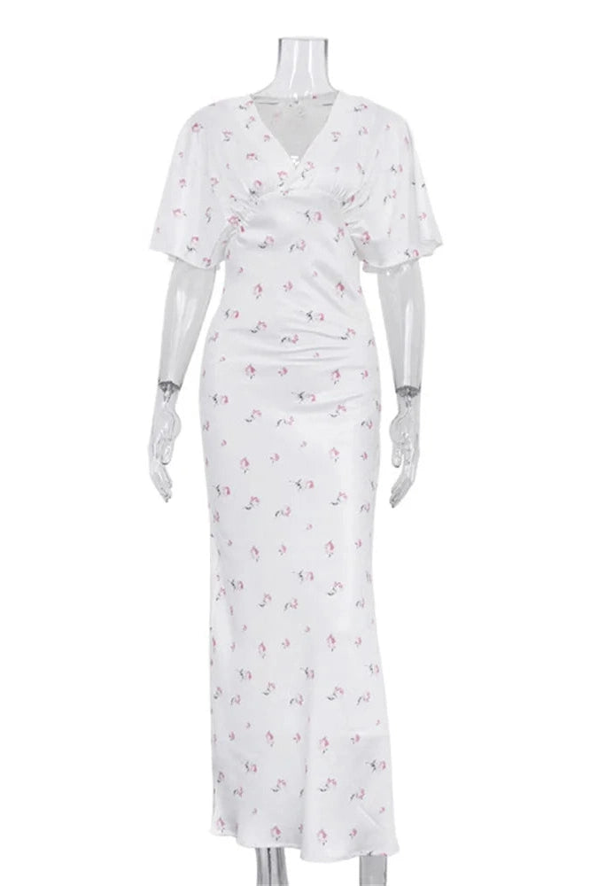 Glorol - Printed V-Neck High Waist Slim Maxi Dress