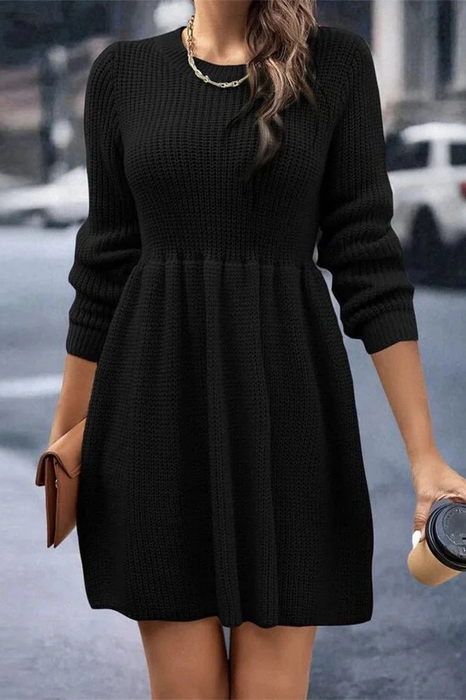 Glorol - Hollow Out Pleated Slim Long Sleeve High Waist Mini Dress