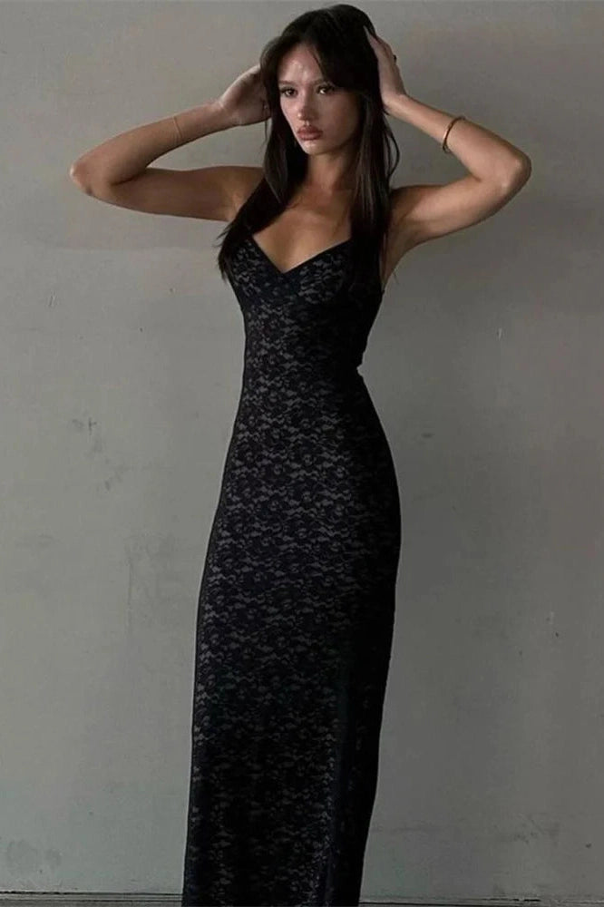Glorol - Lace Hollow Out Backless Slim V-Neck Maxi Dress