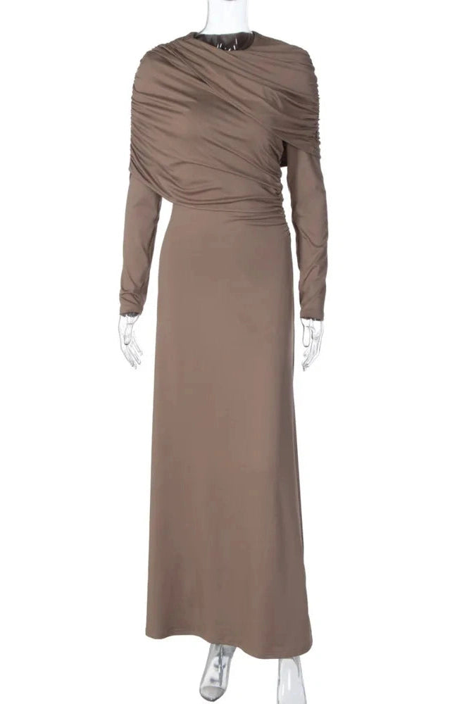 Glorol - Long Sleeve O Neck Bodycon Irregular Maxi Dress