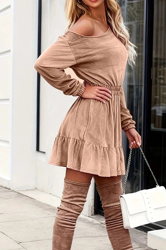 Glorol - Slash Collar High Waist A-Line Long Sleeve Mini Dress