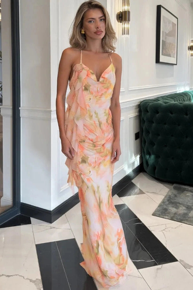 Glorol - Printed Sleeveless Backless Maxi Dress