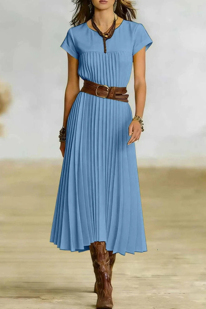 Glorol - O-Neck Short Sleeve Pleated Loose High Waist Midi Dress