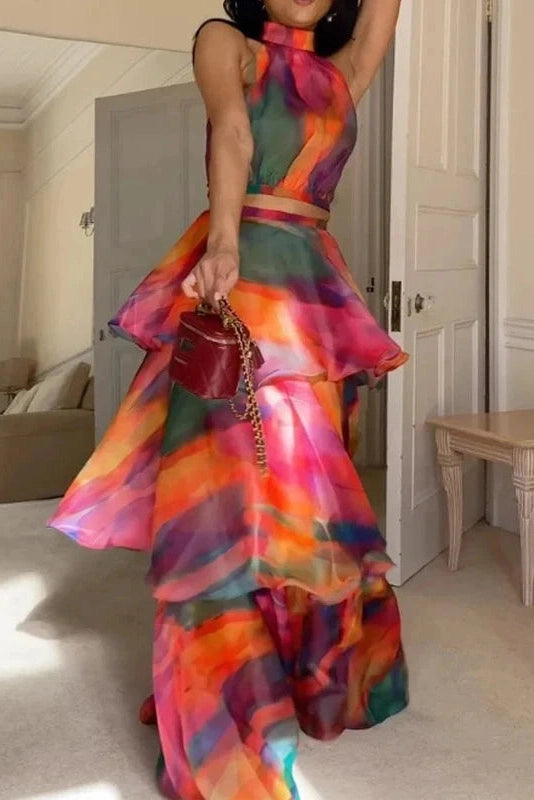 Glorol - Elegant Slim Printed Sleeveless High Waist Maxi Dress