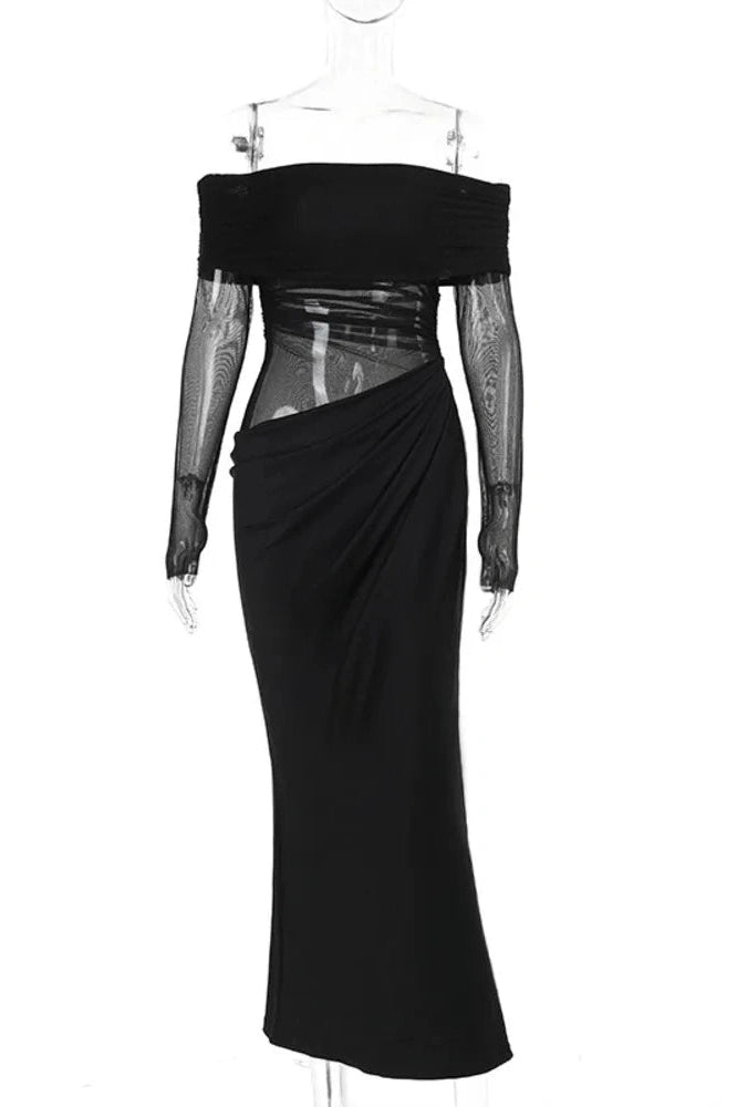 Glorol - Off-shoulder Strapless Long Sleeve See Through Maxi Dress