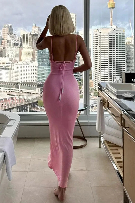 Glorol - Spaghetti Strap Backless Slim Sleeveless High Waist Midi Dress