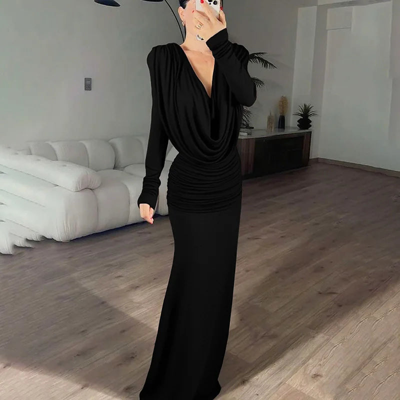 Glorol - Deep V-Neck See-Through Long Sleeve Maxi Dress