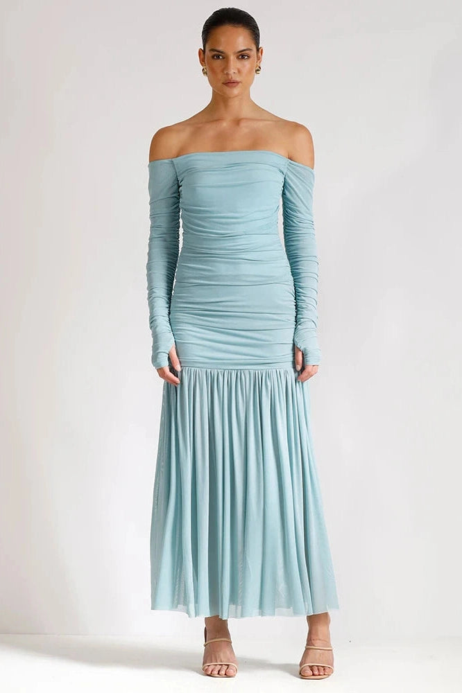 Glorol - Off-Shoulder Strapless Patchwork Backless Long Sleeve Pleated Maxi Dress
