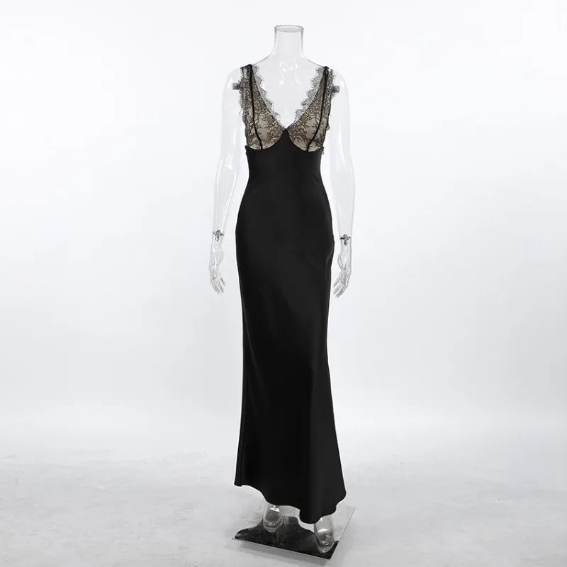 Glorol - Elegant V-Neck Patchwork Backless Maxi Dress