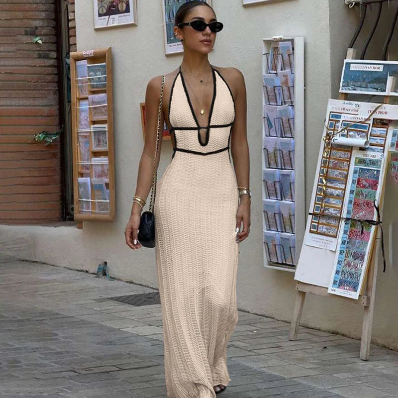 Glorol - Backless Lace-Up V-Neck Sleeveless Maxi Dress