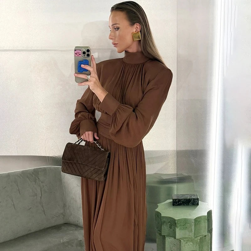 Glorol - Elegant Half High Neck High Waisted Patchwork Maxi Dress