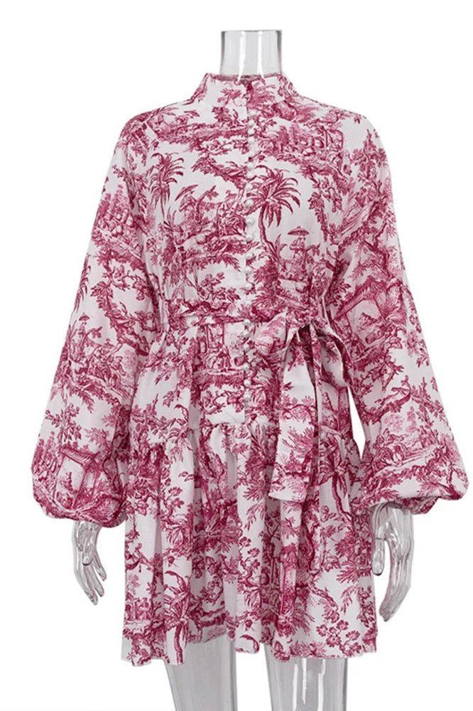Glorol - Elegant Printed Lace Up Long Sleeve Mini Dress