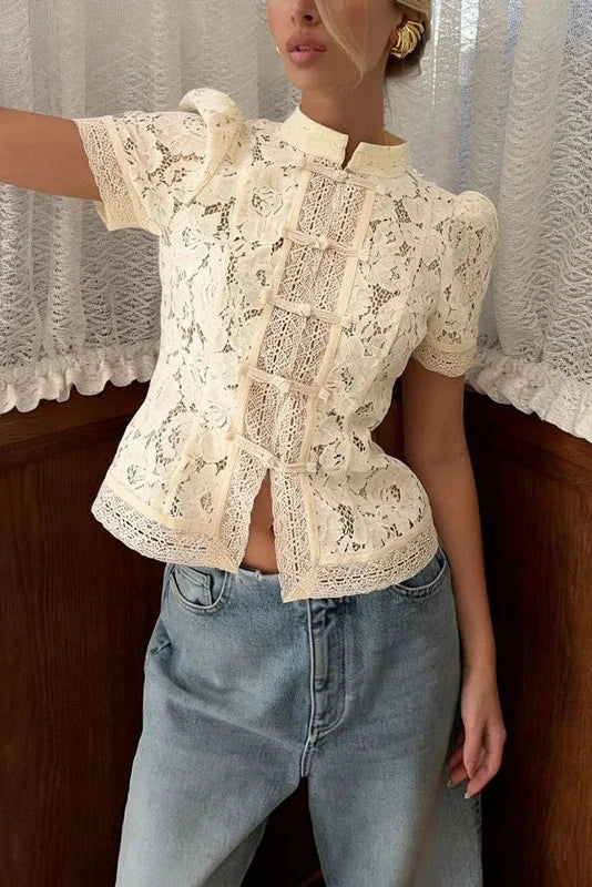 Glorol - Hollow Out Lace Short Sleeve Patchwork Top