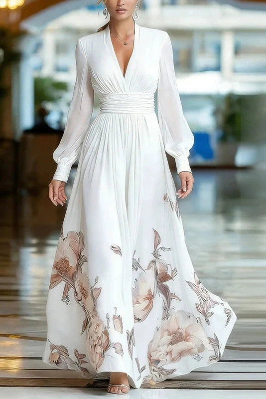Glorol - Floral Print High Waist V-Neck Long Sleeve Pleated Maxi Dress